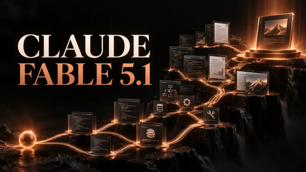 نام برجسته Claude Fable 5.1 در کنار مسیر پژوهش و شبکه عامل‌های هوش مصنوعی با نور مسی روی زمینه تیره