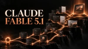 نام برجسته Claude Fable 5.1 در کنار مسیر پژوهش و شبکه عامل‌های هوش مصنوعی با نور مسی روی زمینه تیره