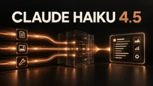 نام برجسته Claude Haiku 4.5 کنار موج کوتاه و سریع داده با نور مسی روی پس‌زمینه تیره