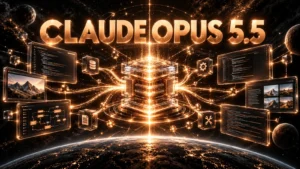 نام بزرگ Claude Opus 5.5 کنار نمودار شبکه عامل‌های کدنویسی با نور مسی در زمینه تیره
