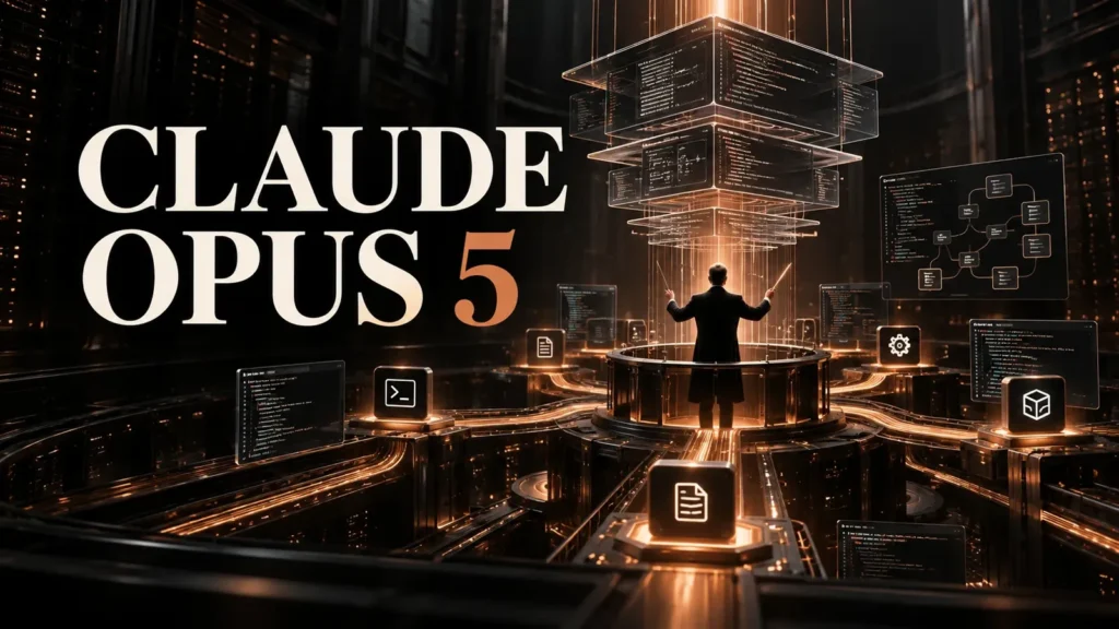 نام برجسته Claude Opus 5 کنار معماری پیچیده کدنویسی و ابزارهای عامل‌محور با نور مسی روی پس‌زمینه تیره