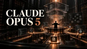 نام برجسته Claude Opus 5 کنار معماری پیچیده کدنویسی و ابزارهای عامل‌محور با نور مسی روی پس‌زمینه تیره