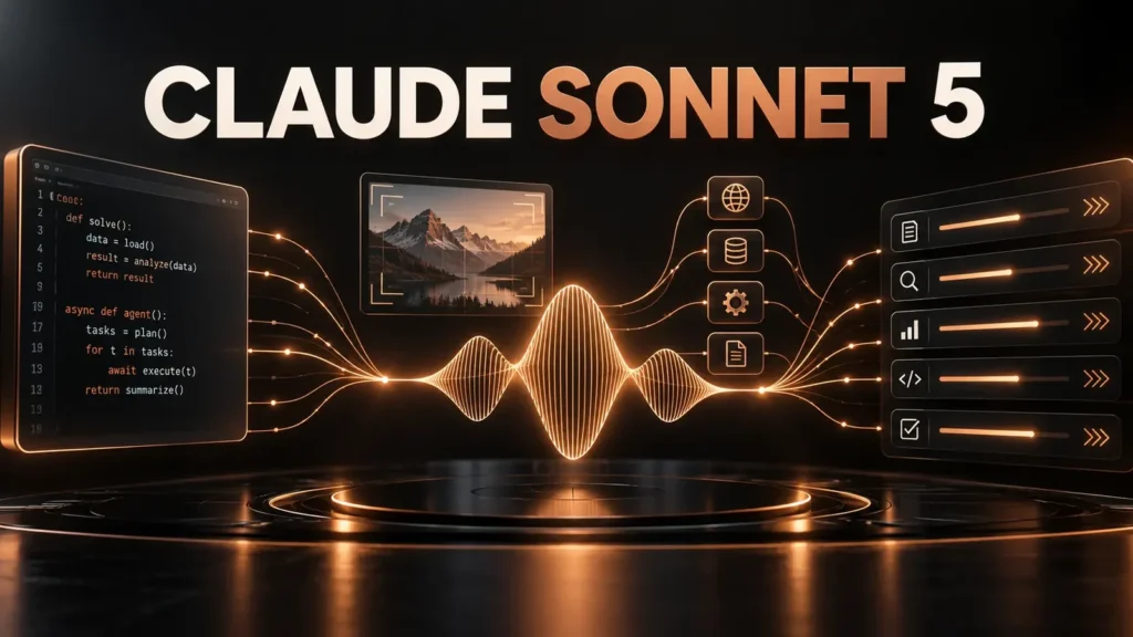 نام برجسته Claude Sonnet 5 میان موج‌های متعادل کد و ابزار با نور مسی روی پس‌زمینه تیره