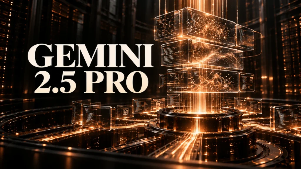 جلد Gemini 2.5 Pro با لایه‌های شیشه‌ای استدلال و نور مسی روی زمینهٔ مشکی