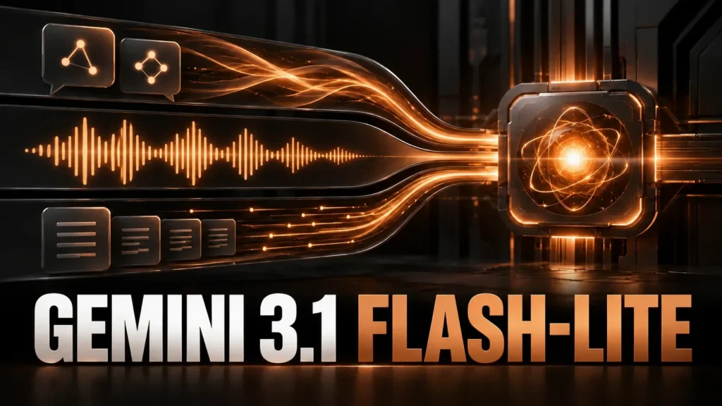 نام واضح Gemini 3.1 Flash-Lite کنار مسیر سریع ترجمه، صوت و Routing با نور مسی روی زمینه تیره