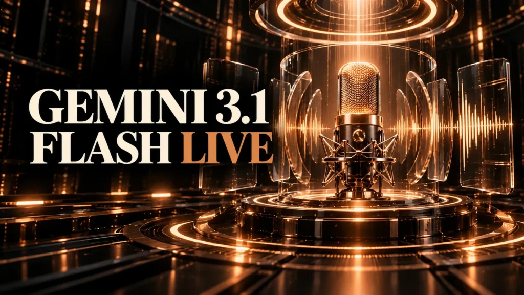 جلد Gemini 3.1 Flash Live با طراحی سه‌بعدی مشکی و نور مسی