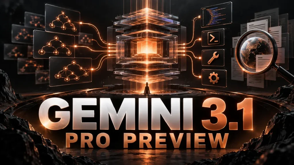 نام بزرگ Gemini 3.1 Pro Preview کنار منشور استدلالی و ابزارهای کدنویسی پیشرفته با نور مسی روی زمینه تیره