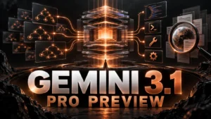 نام بزرگ Gemini 3.1 Pro Preview کنار منشور استدلالی و ابزارهای کدنویسی پیشرفته با نور مسی روی زمینه تیره
