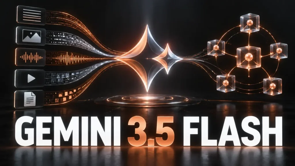 نام واضح Gemini 3.5 Flash روی شبکه شاخه‌ای Agent و هسته چندوجهی با نور مسی در زمینه مشکی