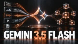 نام واضح Gemini 3.5 Flash روی شبکه شاخه‌ای Agent و هسته چندوجهی با نور مسی در زمینه مشکی