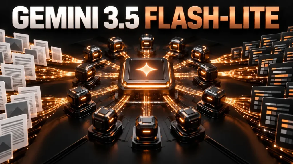 نام بزرگ Gemini 3.5 Flash-Lite روی شبکه‌ای از Subagentهای سریع و جریان اسناد با نور مسی در پس‌زمینه مشکی