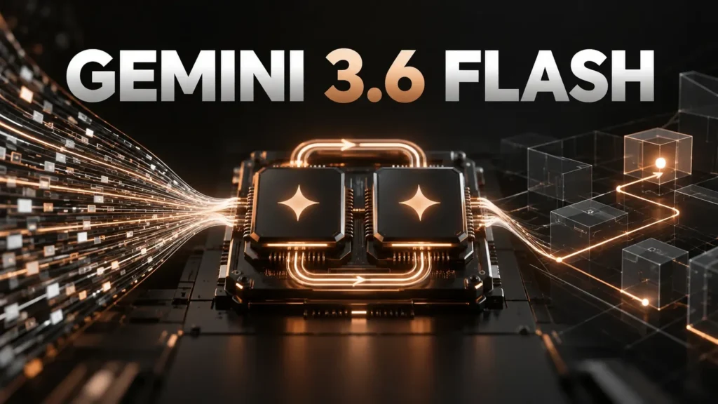 نام بزرگ Gemini 3.6 Flash روی هسته فشرده و کم‌مصرف هوش مصنوعی با مدارهای مسی در پس‌زمینه تیره