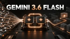 نام بزرگ Gemini 3.6 Flash روی هسته فشرده و کم‌مصرف هوش مصنوعی با مدارهای مسی در پس‌زمینه تیره