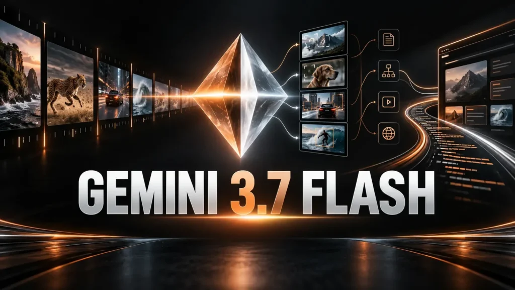 نام برجسته Gemini 3.7 Flash میان فریم‌های ویدیو و مسیر عامل هوشمند با نور مسی روی زمینه مشکی