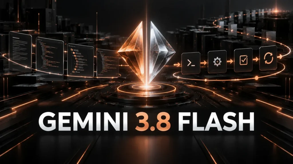 نام بزرگ Gemini 3.8 Flash کنار هسته عامل‌محور و مسیرهای کدنویسی با نور مسی روی پس‌زمینه تیره