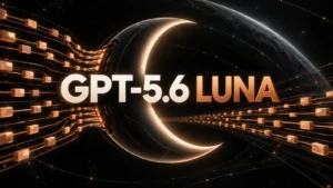 نام برجسته GPT-5.6 Luna کنار هلال دیجیتال و جریان سریع داده مسی روی پس‌زمینه تیره