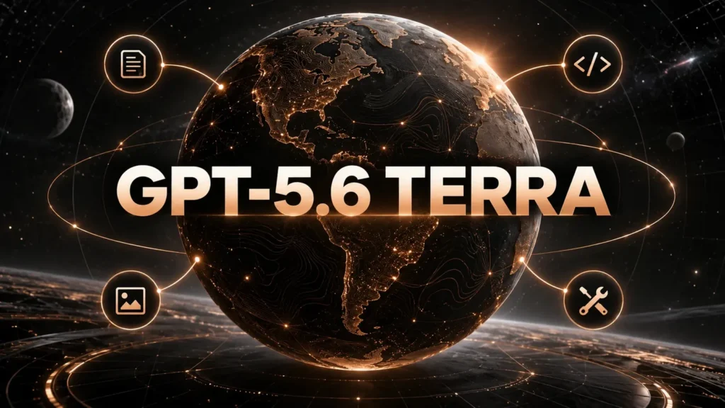 نام برجسته GPT-5.6 Terra کنار سیاره دیجیتال و مدارهای داده مسی روی پس‌زمینه مشکی