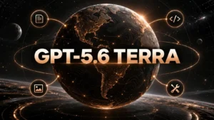 نام برجسته GPT-5.6 Terra کنار سیاره دیجیتال و مدارهای داده مسی روی پس‌زمینه مشکی