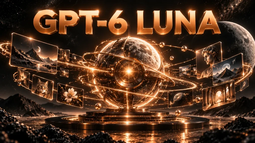 نام بزرگ GPT-6 Luna کنار سه مسیر پردازش ورودی، تحلیل و خروجی با رنگ مسی روی زمینه تیره