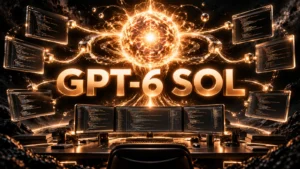 نام بزرگ GPT-6 Sol در کنار محیط کدنویسی و چرخه ارزیابی عامل با نور مسی روی زمینه تیره