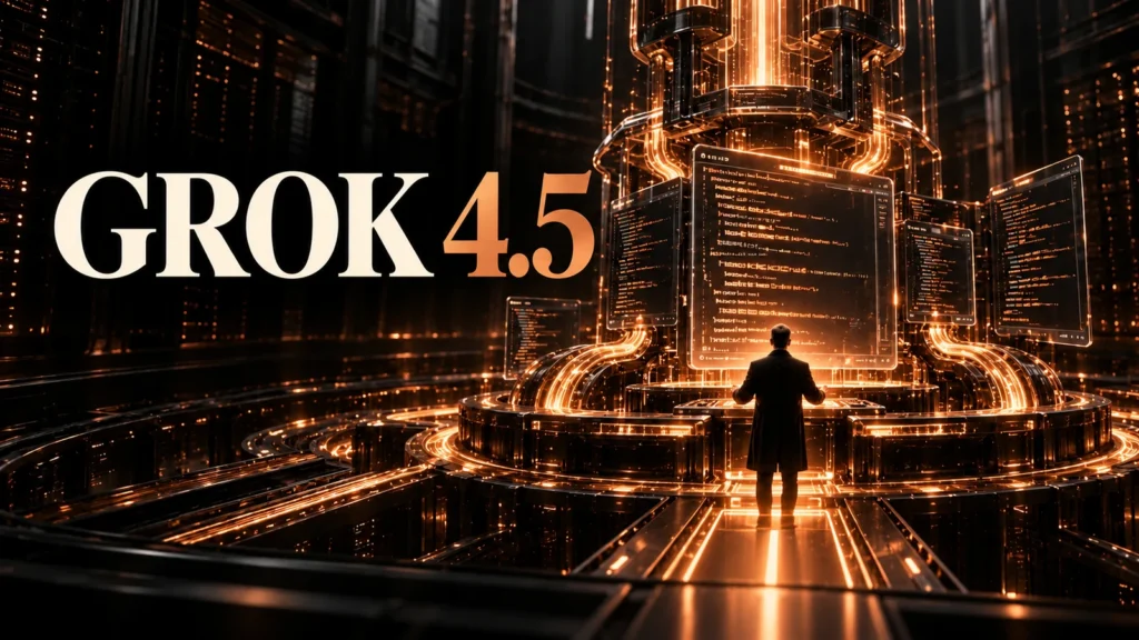 جلد Grok 4.5 با طراحی سه‌بعدی مشکی و نور مسی
