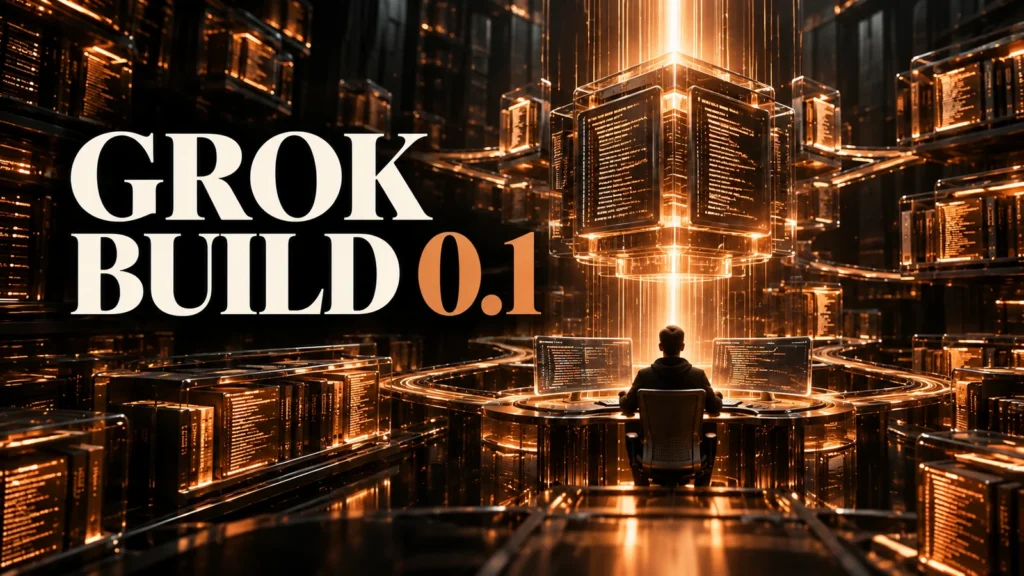 جلد Grok Build 0.1 با طراحی سه‌بعدی مشکی و نور مسی