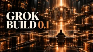 جلد Grok Build 0.1 با طراحی سه‌بعدی مشکی و نور مسی