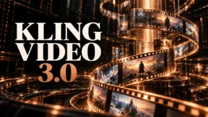 جلد Kling Video 3.0 با طراحی سه‌بعدی مشکی و نور مسی