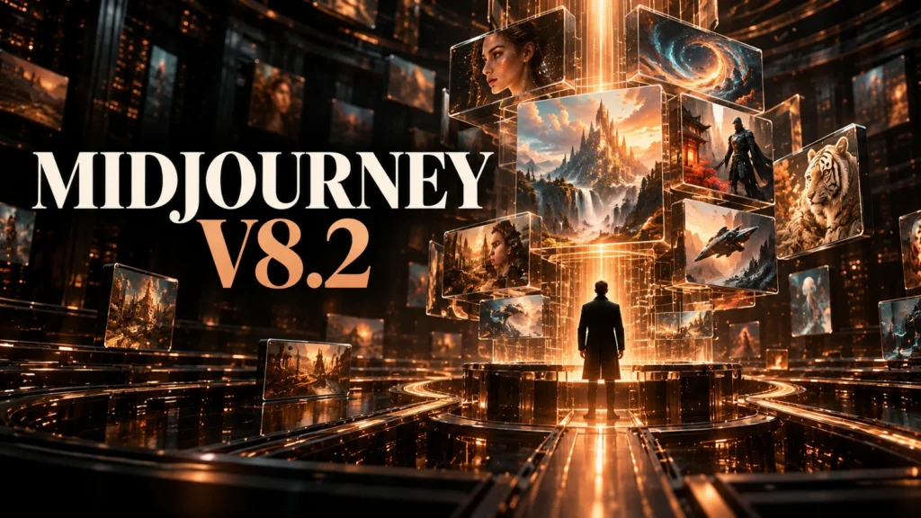 جلد Midjourney V8.2 با طراحی سه‌بعدی مشکی و نور مسی