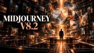 جلد Midjourney V8.2 با طراحی سه‌بعدی مشکی و نور مسی