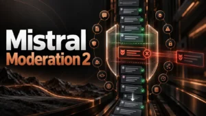 تصویر شاخص Mistral Moderation 2 با نام درشت مدل و سپر طبقه‌بندی که حمله Jailbreak را در جریان مکالمه مسدود می‌کند