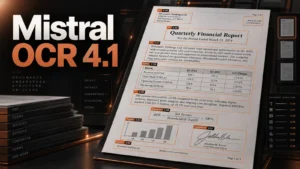 تصویر شاخص Mistral OCR 4.1 با نام درشت مدل و سند مالی دارای Bounding Box، برچسب Block و Confidence در تم مشکی و مسی