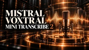 جلد Mistral Voxtral Mini Transcribe 2 با طراحی سه‌بعدی مشکی و نور مسی