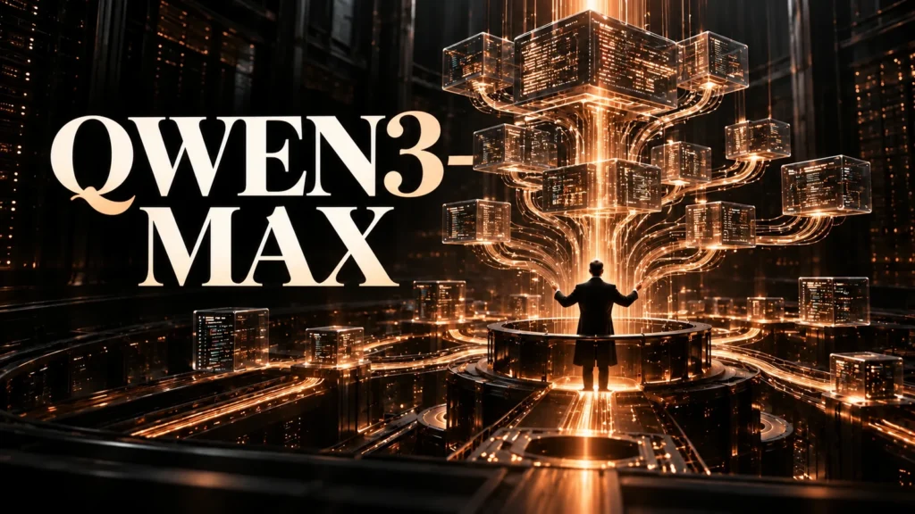 جلد Qwen3-Max با طراحی سه‌بعدی مشکی و نور مسی