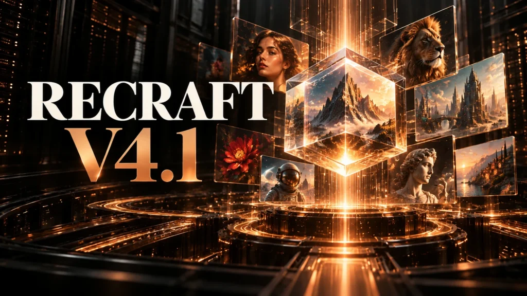 جلد Recraft V4.1 با طراحی سه‌بعدی مشکی و نور مسی