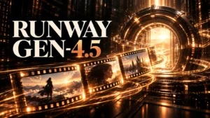 جلد Runway Gen-4.5 با نوارهای سینمایی و دروازهٔ تولید ویدیوی نورانی