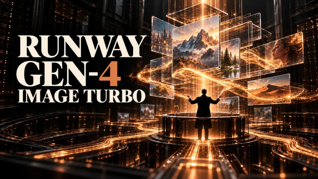 جلد Runway Gen-4 Image Turbo با طراحی سه‌بعدی مشکی و نور مسی