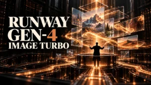 جلد Runway Gen-4 Image Turbo با طراحی سه‌بعدی مشکی و نور مسی