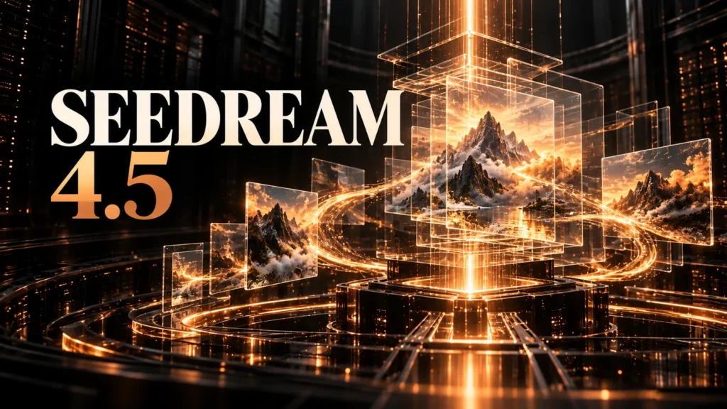 جلد Seedream 4.5 با طراحی سه‌بعدی مشکی و نور مسی