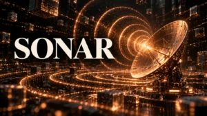 جلد Sonar با امواج جست‌وجو و آنتن نورانی مسی روی زمینهٔ تیره