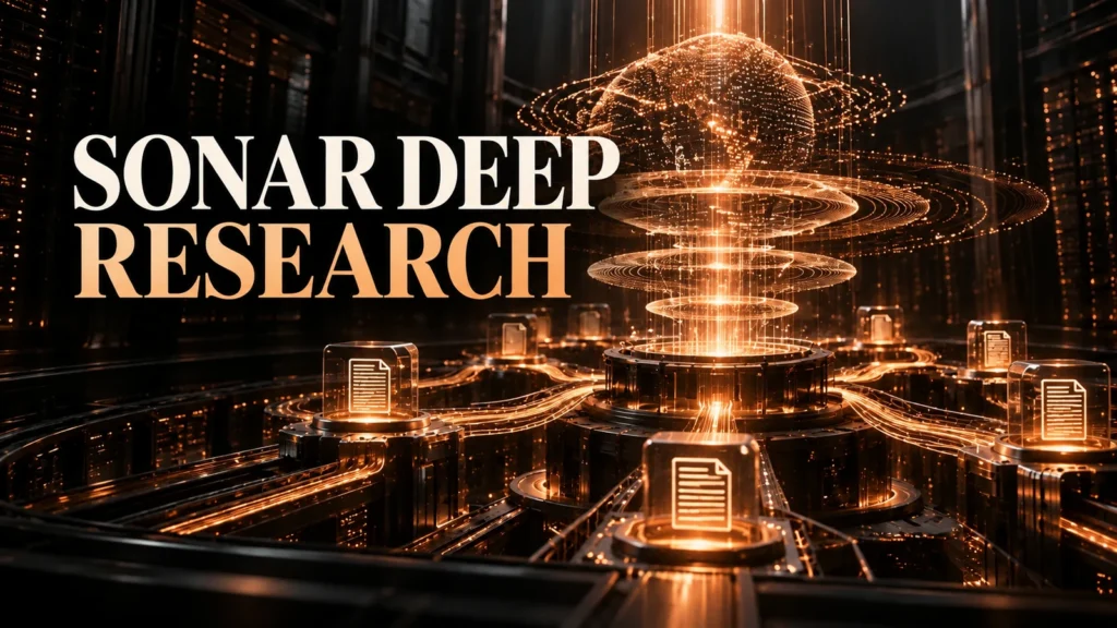 جلد Sonar Deep Research با طراحی سه‌بعدی مشکی و نور مسی