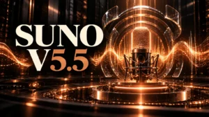 جلد Suno v5.5 با طراحی سه‌بعدی مشکی و نور مسی