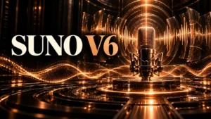 جلد Suno v6 با طراحی سه‌بعدی مشکی و نور مسی